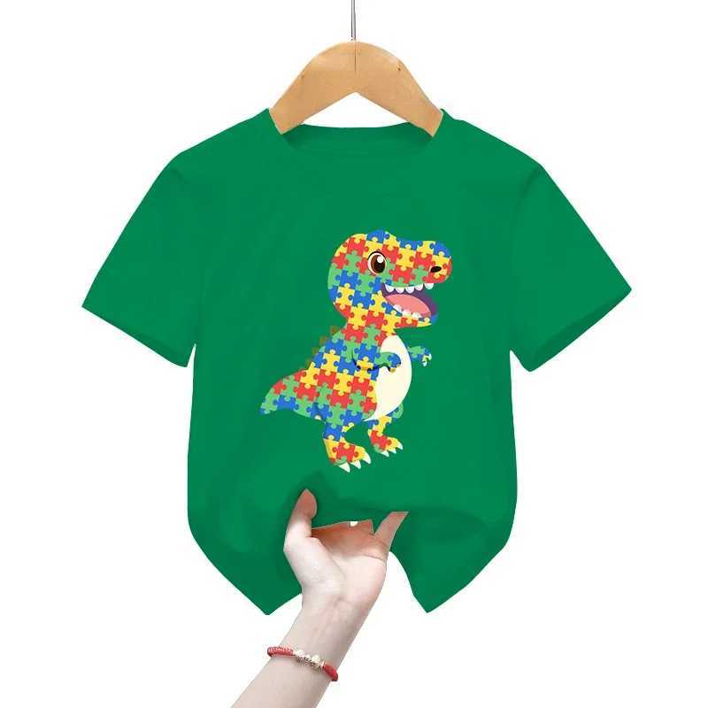 T-shirts Autism Awareness T-Shirts Childrens Short Sleeve Clothing Animal Color Mosaic Dinosaurs Tops Boys Girls Casual Fashion T-ShirtsL24729