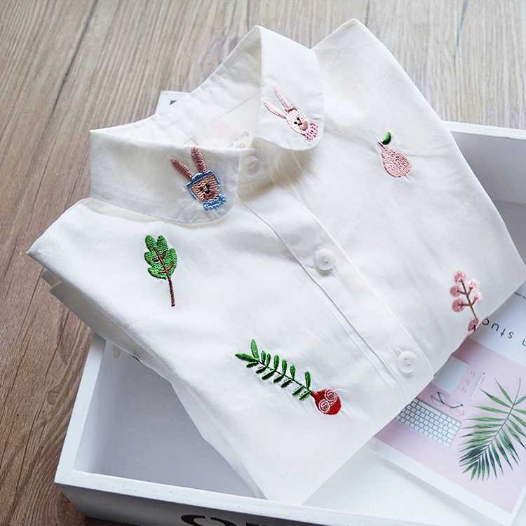 Girls long sleeved white shirt autumn and spring childrens clothing girls 8-12 cartoon fox embroidery top cotton school shirtW240729