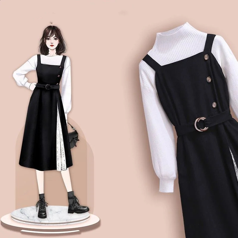 Womens Age Reducing SingleOutfits Spring Autumn Fashion Retro Slim Knitted Sweater Strap Skirt Two Piece Set 240729