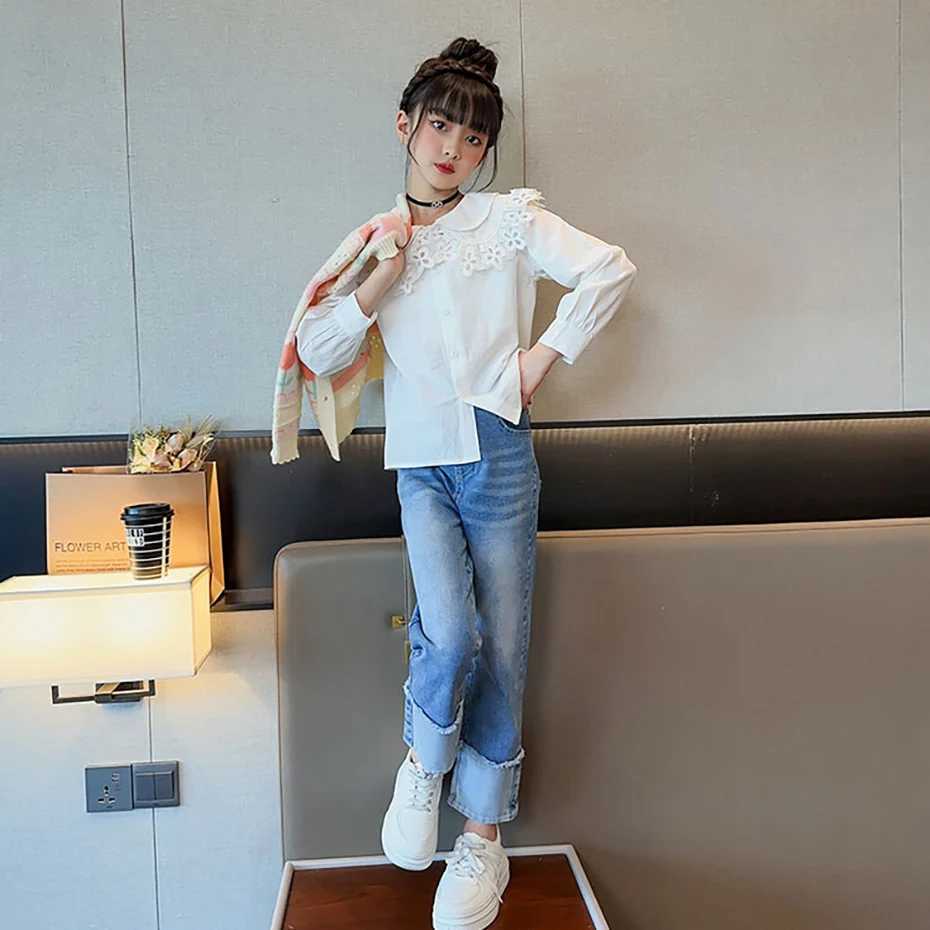 Girls white shirt solid color girls shirt spring autumn shirt childrens casual style school uniformW240729