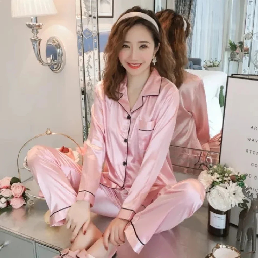 M-5XL Solid Women Pajamas Elegant Classic Fashion Casual Female Sleepwear Spring Fall Long Sleeve Pants House Clothes 240729