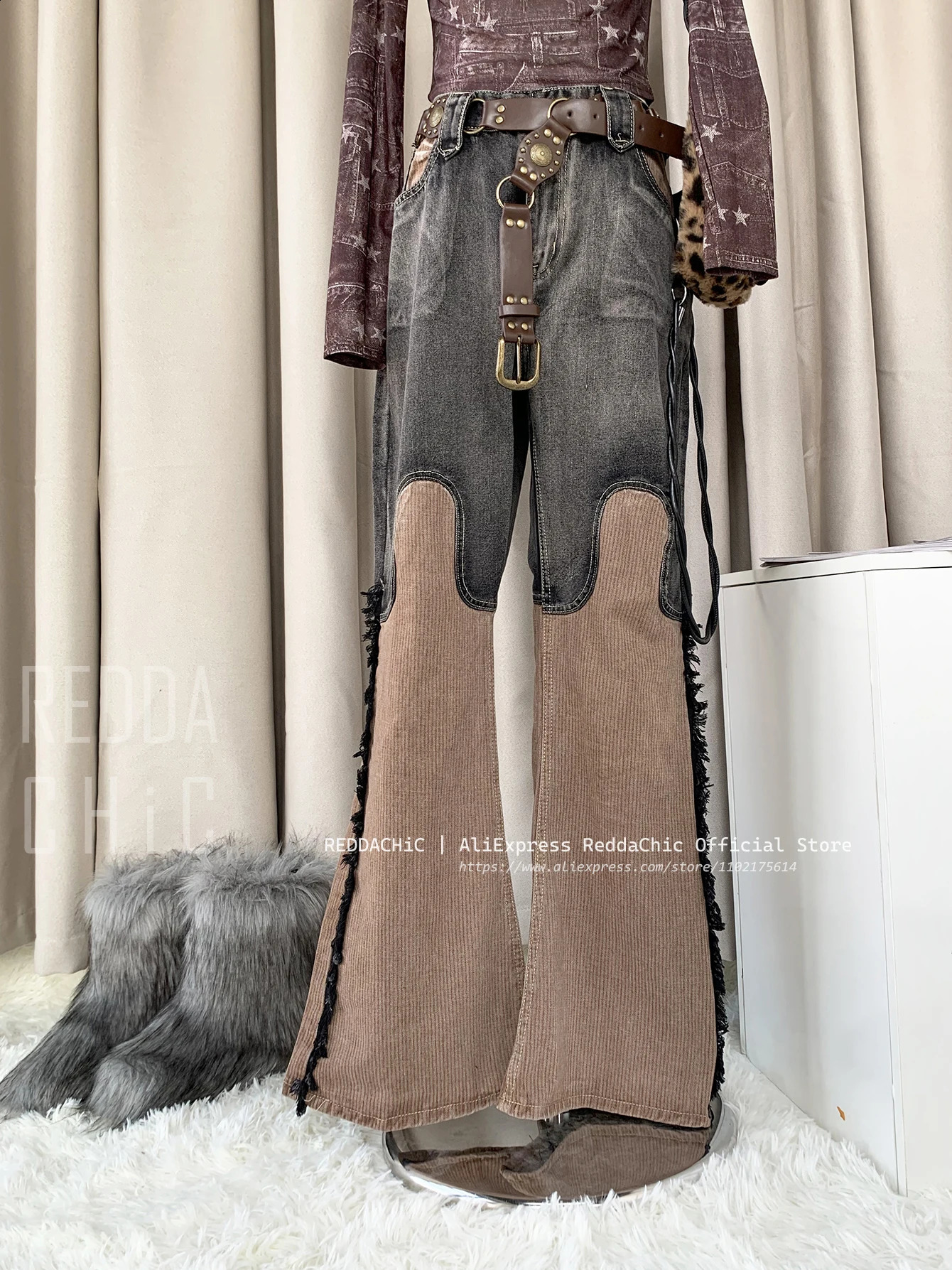ReddaChic Wastelan Hipster Flared Jeans Women Trend Patchwork Wide Pants with Side Tassels High Rise Vintage Autumn Clothes 240729