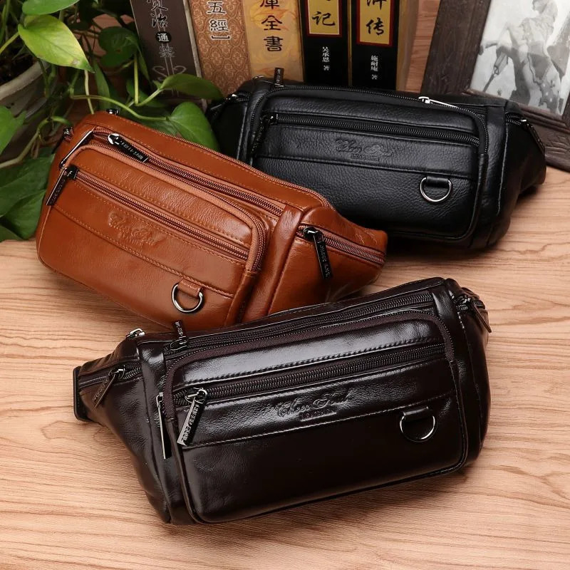 Men Waist Fanny Bags Sling Chest Pack Genuine Leather Casual Fashion Retro Cross body Male Real Cowhide Loop Hip Belt Bum Bag 240729