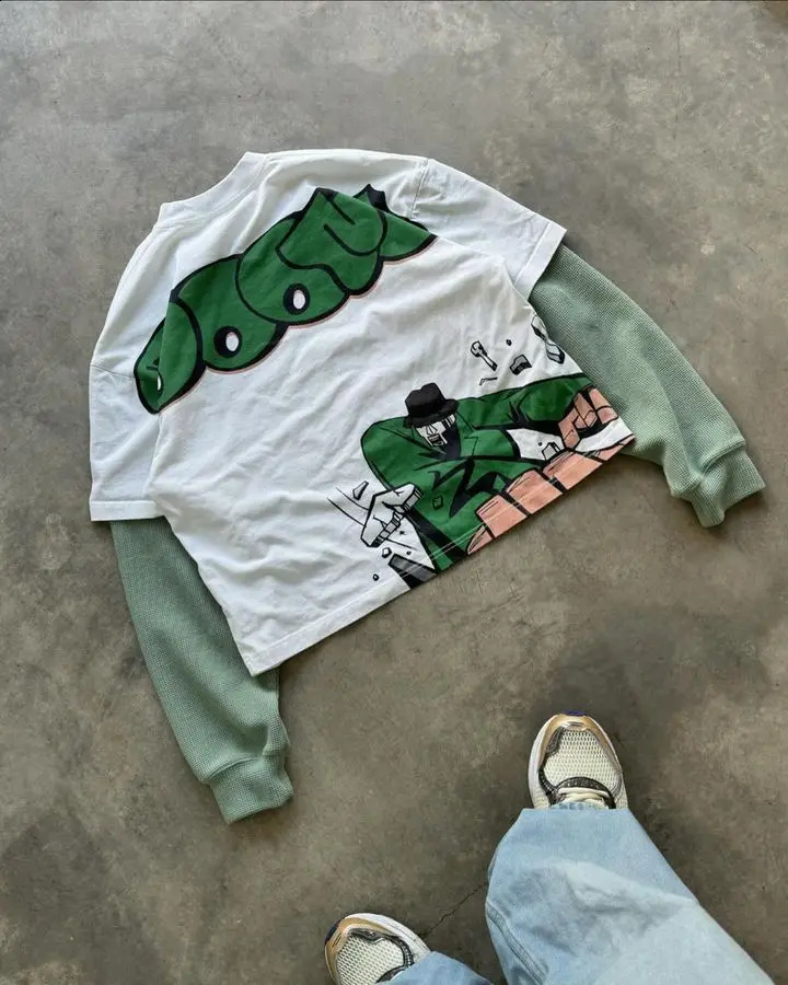 Street clothing Tshirt Y2K Gothic hiphop cartoon graphic letter printing oversized mens round neck cotton short sleeved top 240819