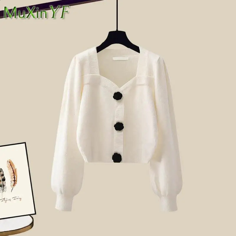 Autumn Winter Fashion Knit Sweater TopBlack Dress Two Piece Set Womens Korean Elegant Cardigan Blouse Midi Skirt Suit 240729