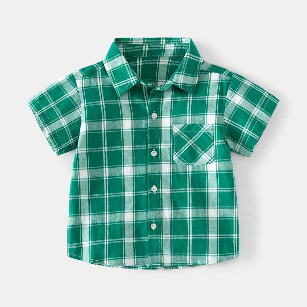 Baby boy fashion grid element style short sleeved soft skin friendly casual collar summer shirtW240729