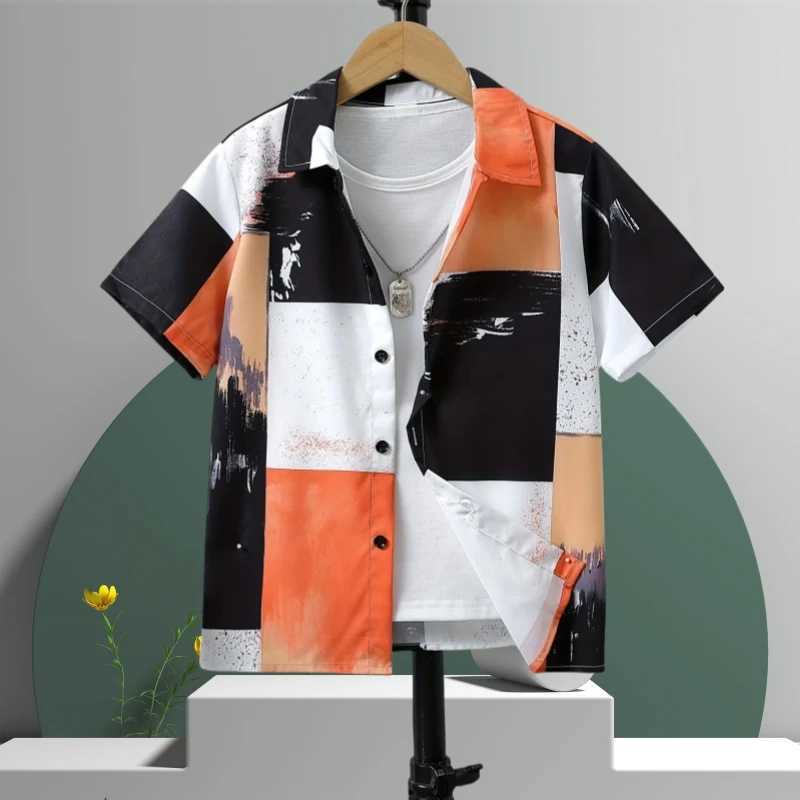 2024 childrens clothing cartoon beach print boys creative shirt casual short sleeved top boys summer childrens shirt T-shirtW240729