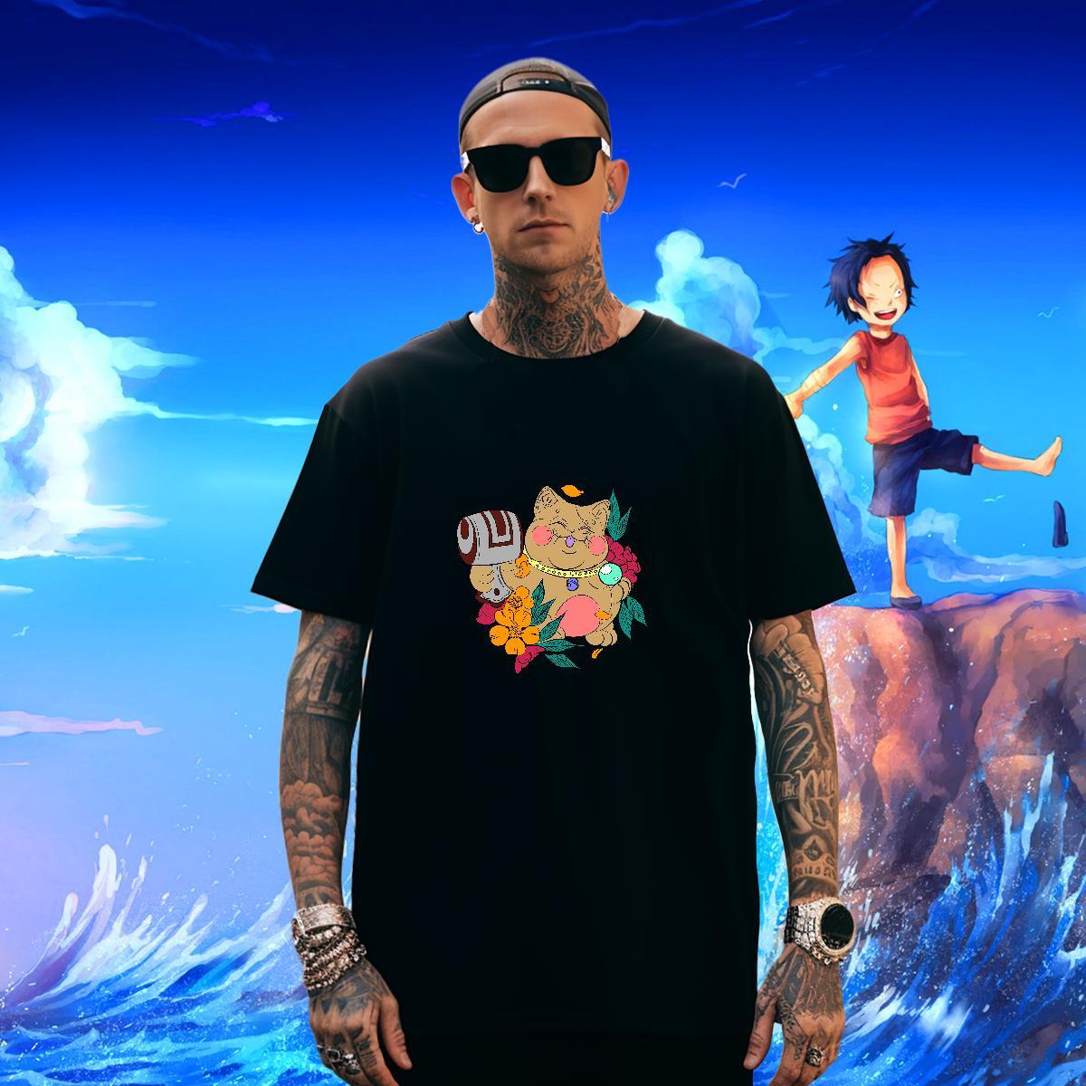 Classic Men Clothes T-Shirt 100% Cotton 230g Street Casual cat Anime Breathable Short Sleeve DIY Man T Shirts Polos