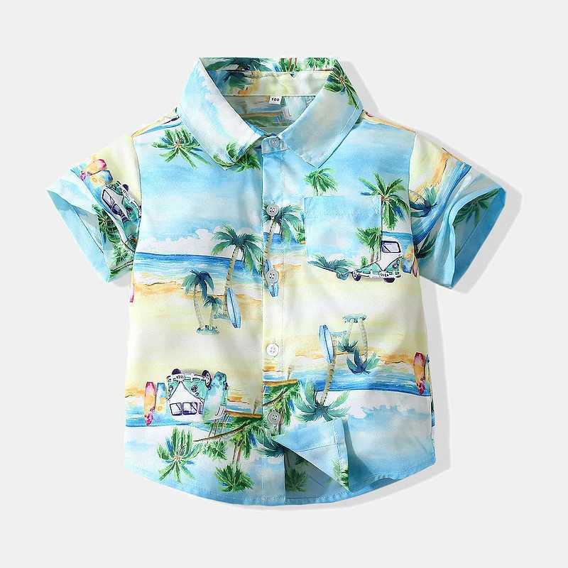Summer Baby Shirt Beach Pattern Printed Short Sleeve Casual Button Childrens Shirt Holiday Seaside Childrens Shirt TopW240729