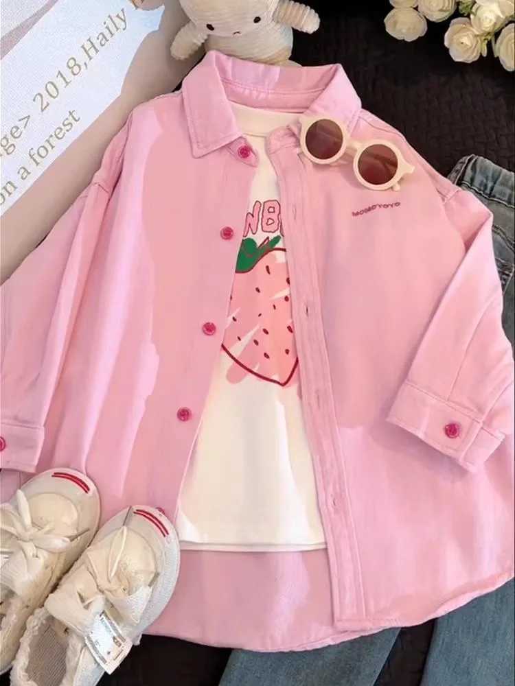 High end girls denim jacket spring and autumn 2024 new childrens clothing trendy casual shirts for little girls childrenW240729