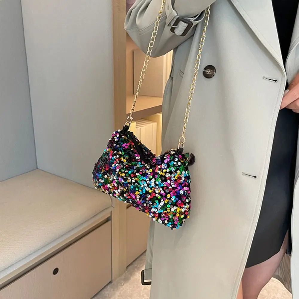 Solid Color Sequins Crossbody Bag Simple Chain INS Small Square Handbag Underarm Evening Clutch Female 240729