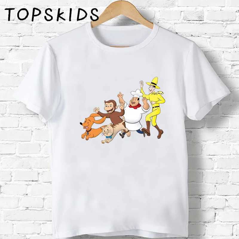 T-shirts Children Curious George Cartoon Print T-shirt Funny Monkey Animal Girls Boys Clothes Baby Tops Kids Summer Short Sleeve T shirtL24729