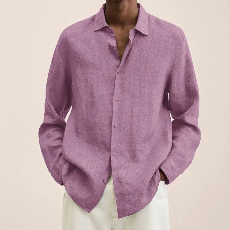 Autumn Long Sleeved V-neck Shirt Loose Mens Long Sleeve Shirt Solid Color Casual Style Mens Casual Linen Shirt 240729