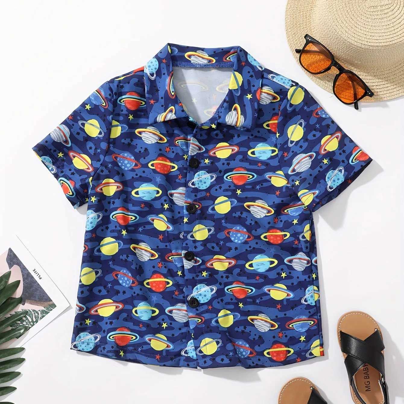 Fruit cherry and banana printed boys creative shirt casual short sleeved collar cool shirt top girls summer outdoor clothingW240729