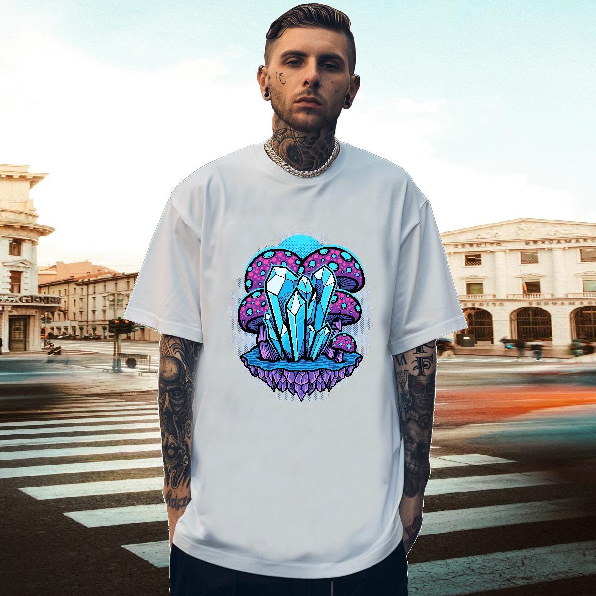 Classic Mens Tshirts 230g 100% Cotton Daily Wear mushroom Customized Print Short Sleeve Soft 2024 T Shirt For Man Tops