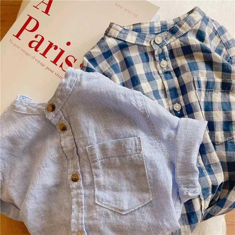 Summer new childrens shirt 2022 boys solid color striped washed cotton shirt baby stand collar short sleeved shirtW240729
