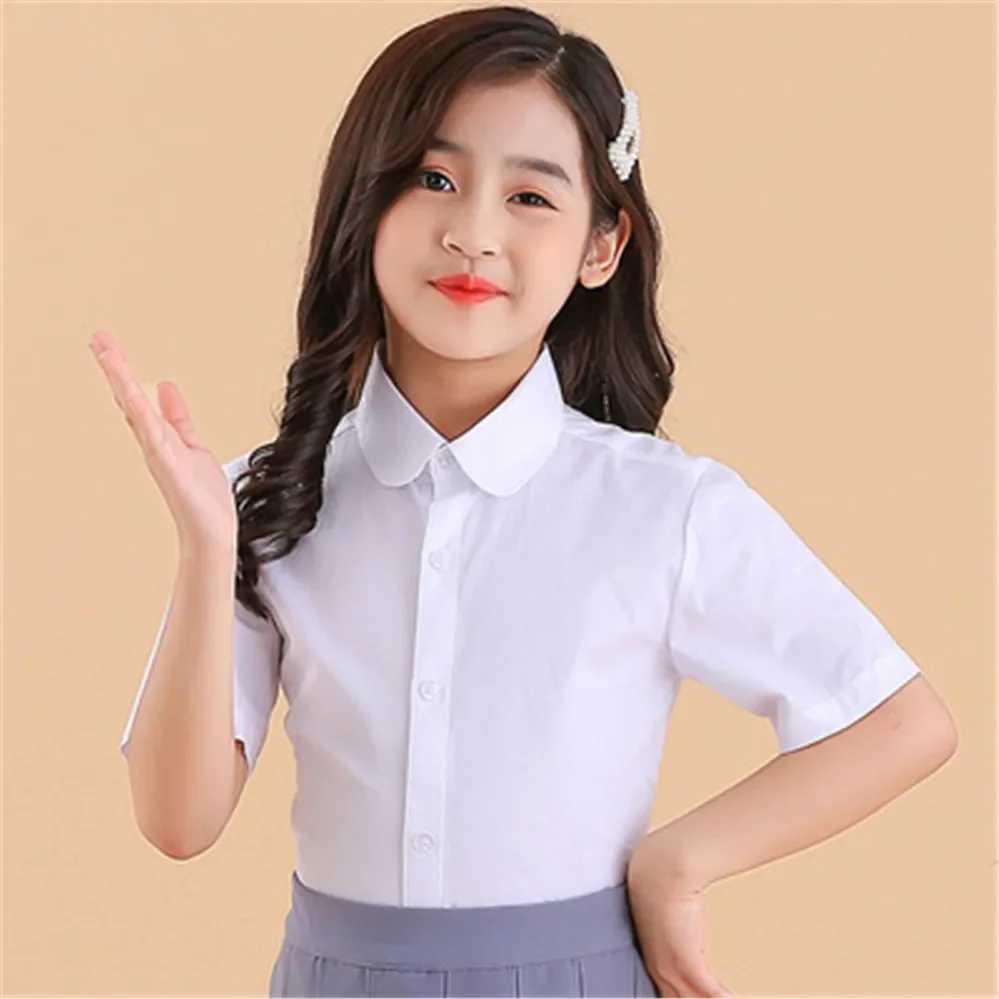 Girls white short sleeved shirt cotton baby school girls shirt children 6 8 10 12 years old teenagersW240729