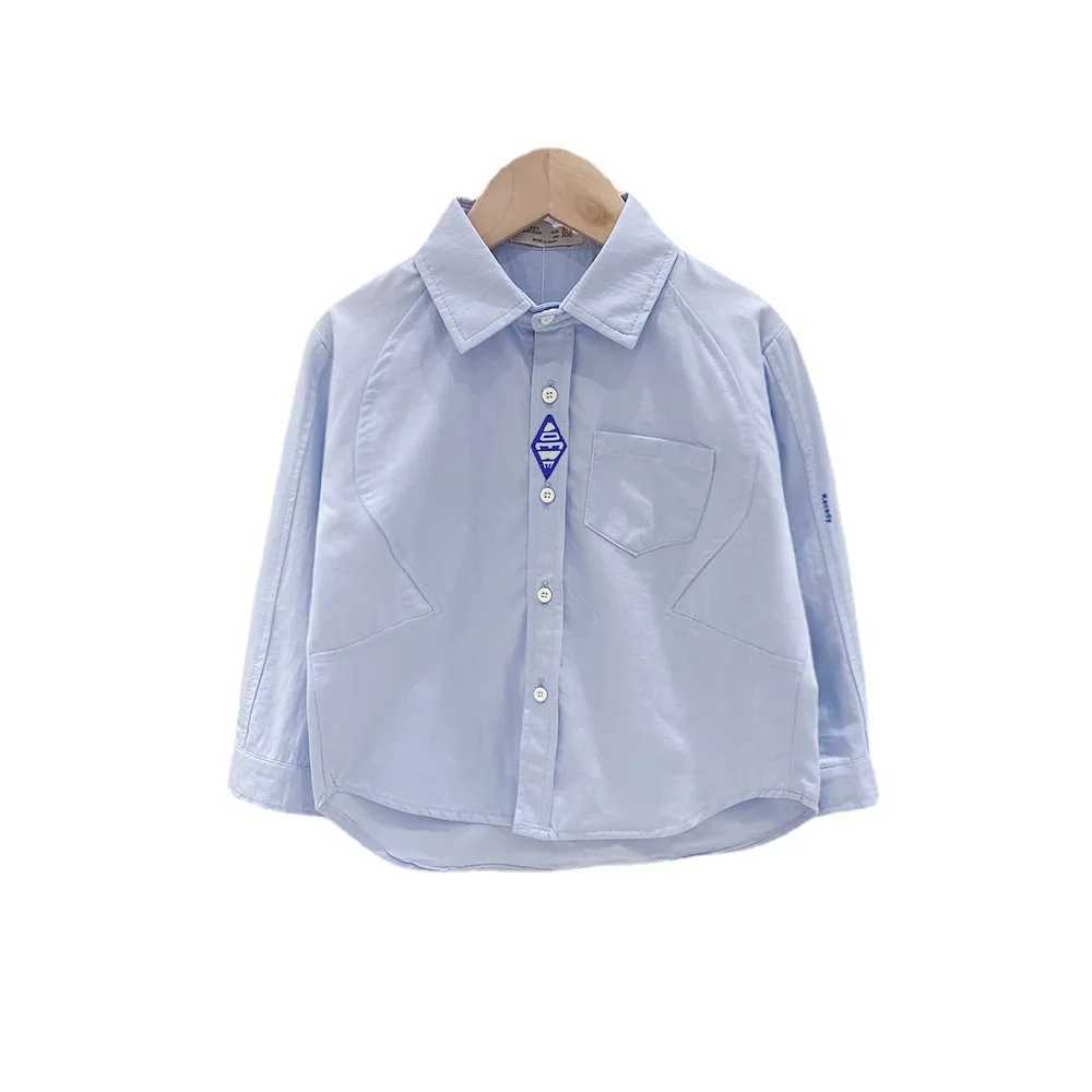New spring and autumn childrens shirt single chest collar solid student boy blue sticker childrens boy cardiganW240729
