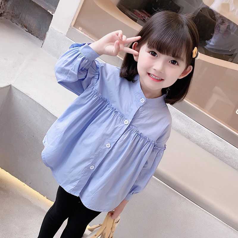 Girls aged 1-7 years old 100% pure cotton shirt spring and summer childrens fashion doll shirt blue childrens loose top daily casual outdoor shirtW240
