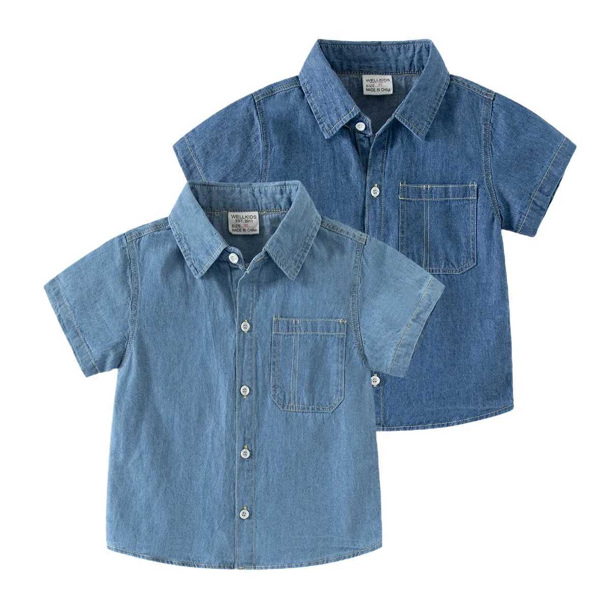 2024 summer new handsome solid color short sleeved denim shirt 3-8-year-old childrens casual cotton top 2 colorsW240729