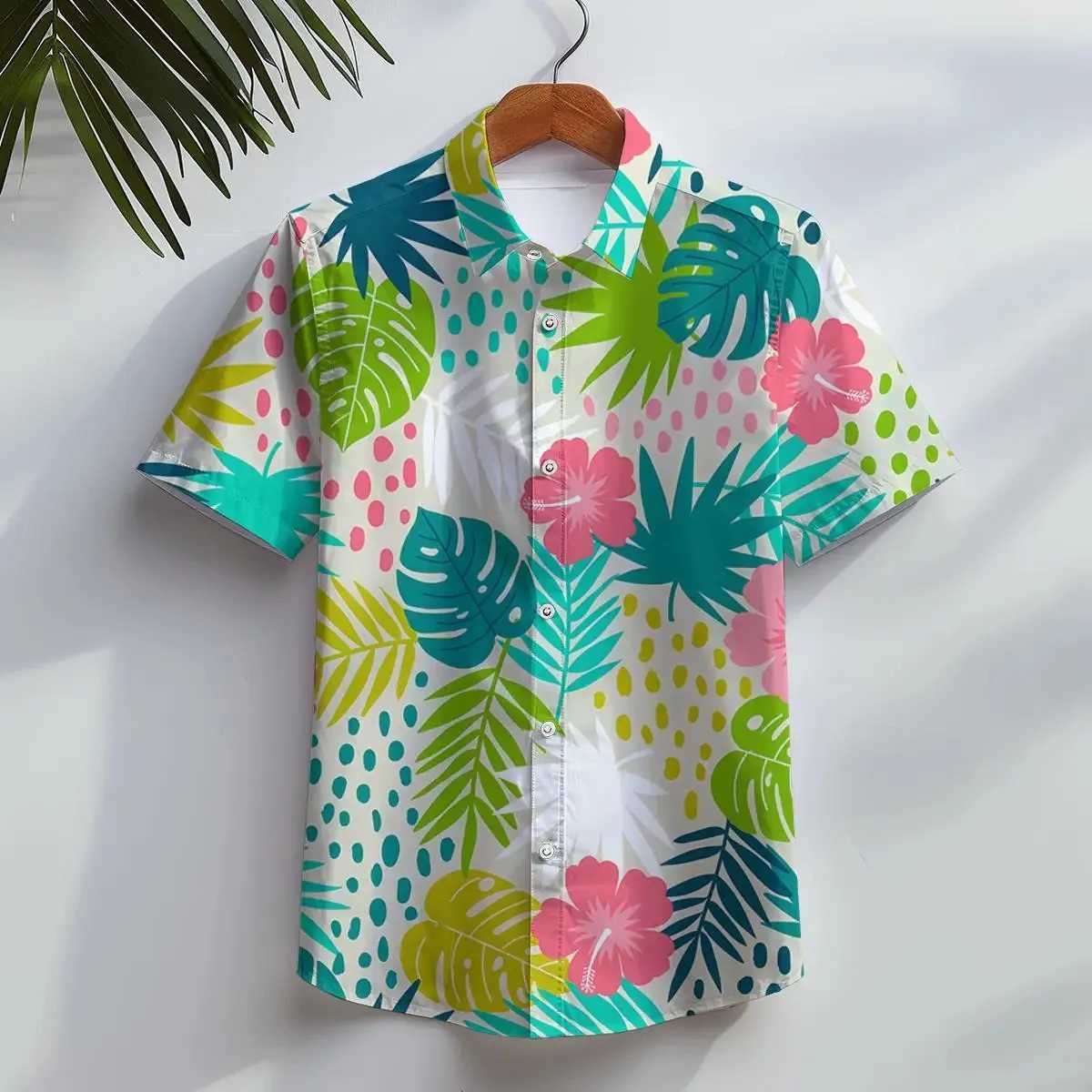 Childrens clothing shirt 3D printed leaf graphic fashion button short sleeved top with lapel plant shirt for summerW240729