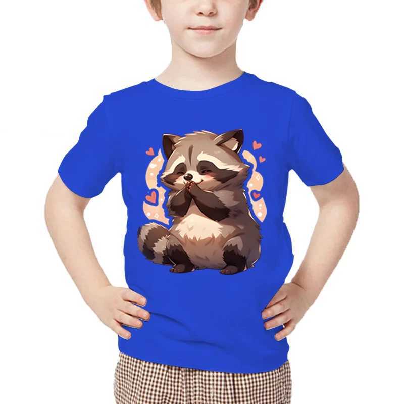 T-shirts Raccoon Print T-shirt Kids Casual Cartoon Style Round Neck Tee Shirt Raccoon Heart Pattern Summer Short Sleeve Boy Girl TshirtL24729