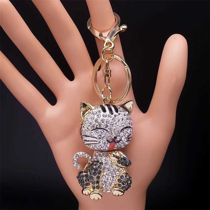 Cartoon Cat Keychain Rhinestone Gold Color Cute Kitty Keyring Holder Creative Gift Fashion Jewelry llaveros para mujerL240729