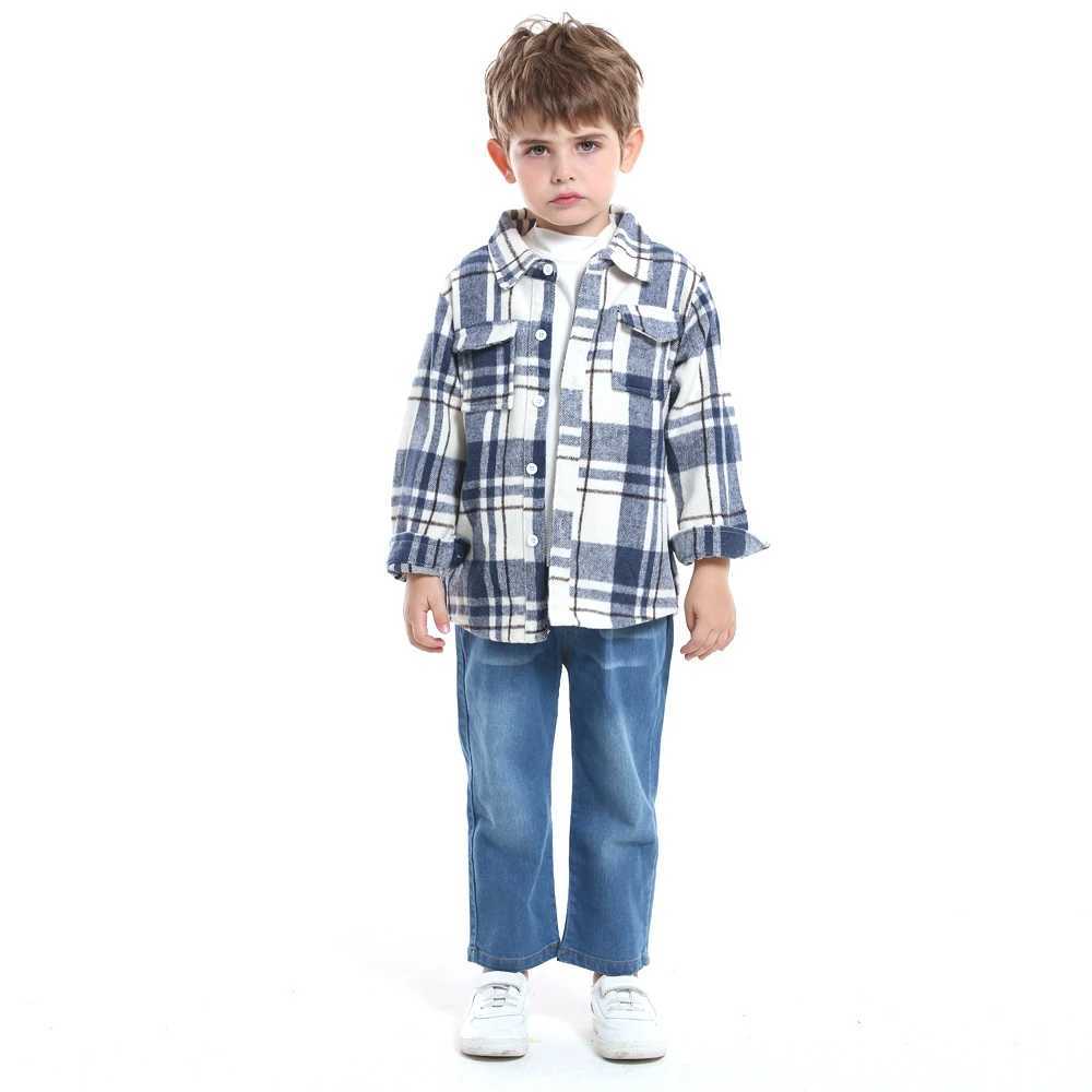 Autumn and winter fashion baby boy long sleeved pure cotton plain weave shirt casual collar classic childrens thick warm topW240729