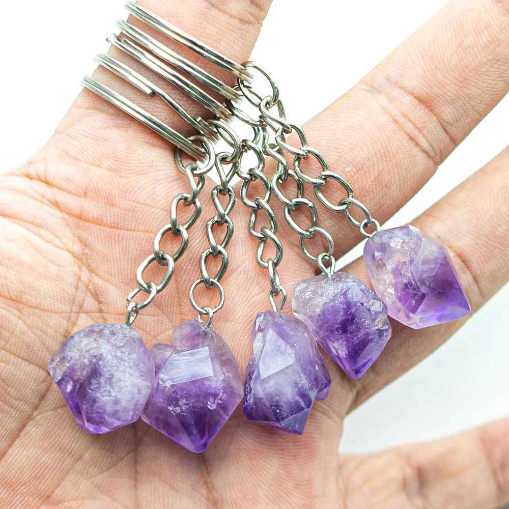 Natural Amethyst Flower Keychains Crystal Healing Stone Keychain Irregular Rough Quartz Reiki Healing Gemstone Dangle PendantL240729