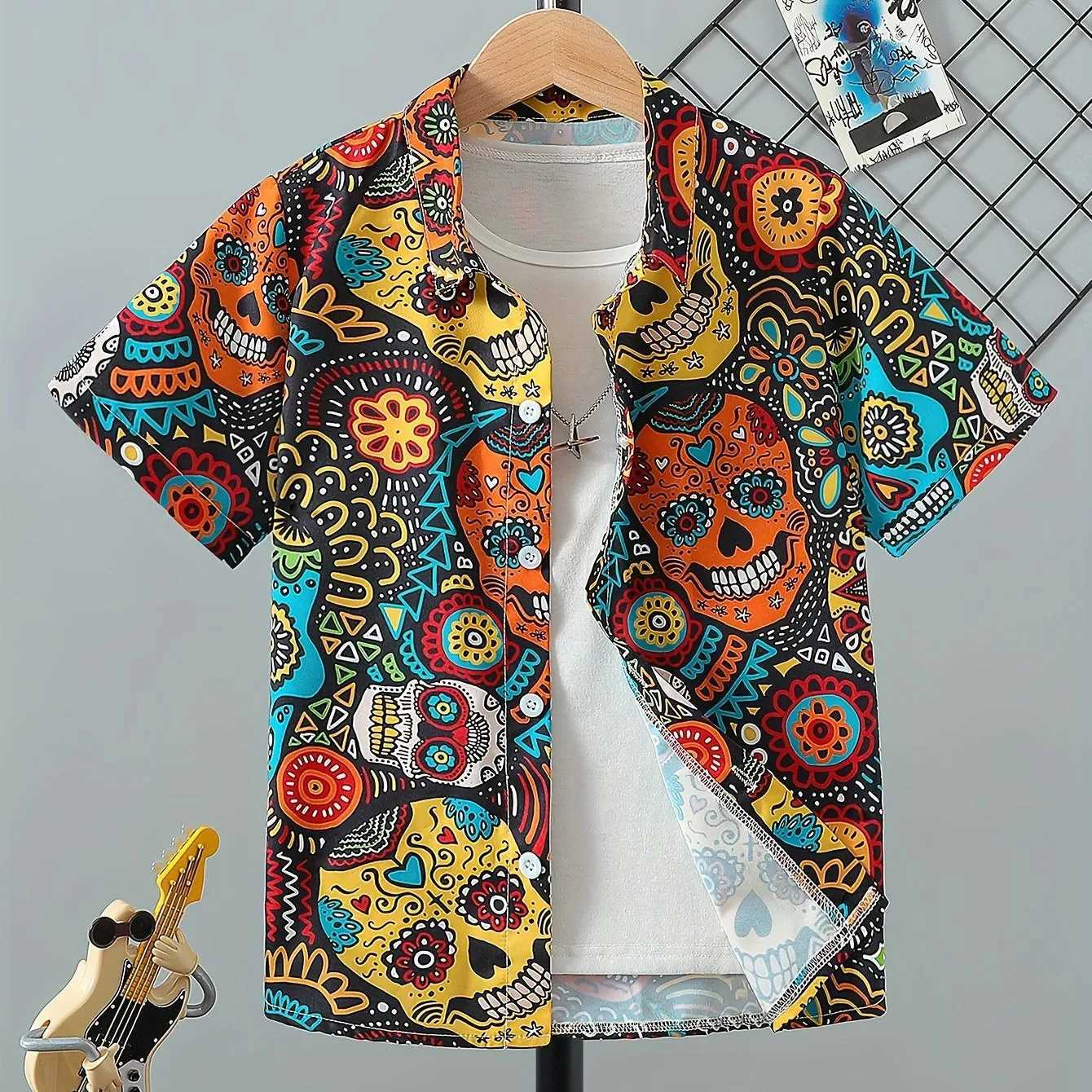 Childrens boy cartoon monster pattern top casual short sleeved fun button retro shirt summer vacation topW240729