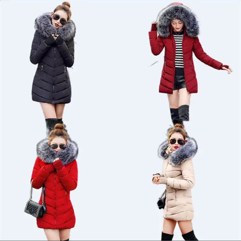 Womens down jacket Casual Cotton winter jacket Long Parkas Removable fur collar removable hat and gloves Warm female Coat 240729