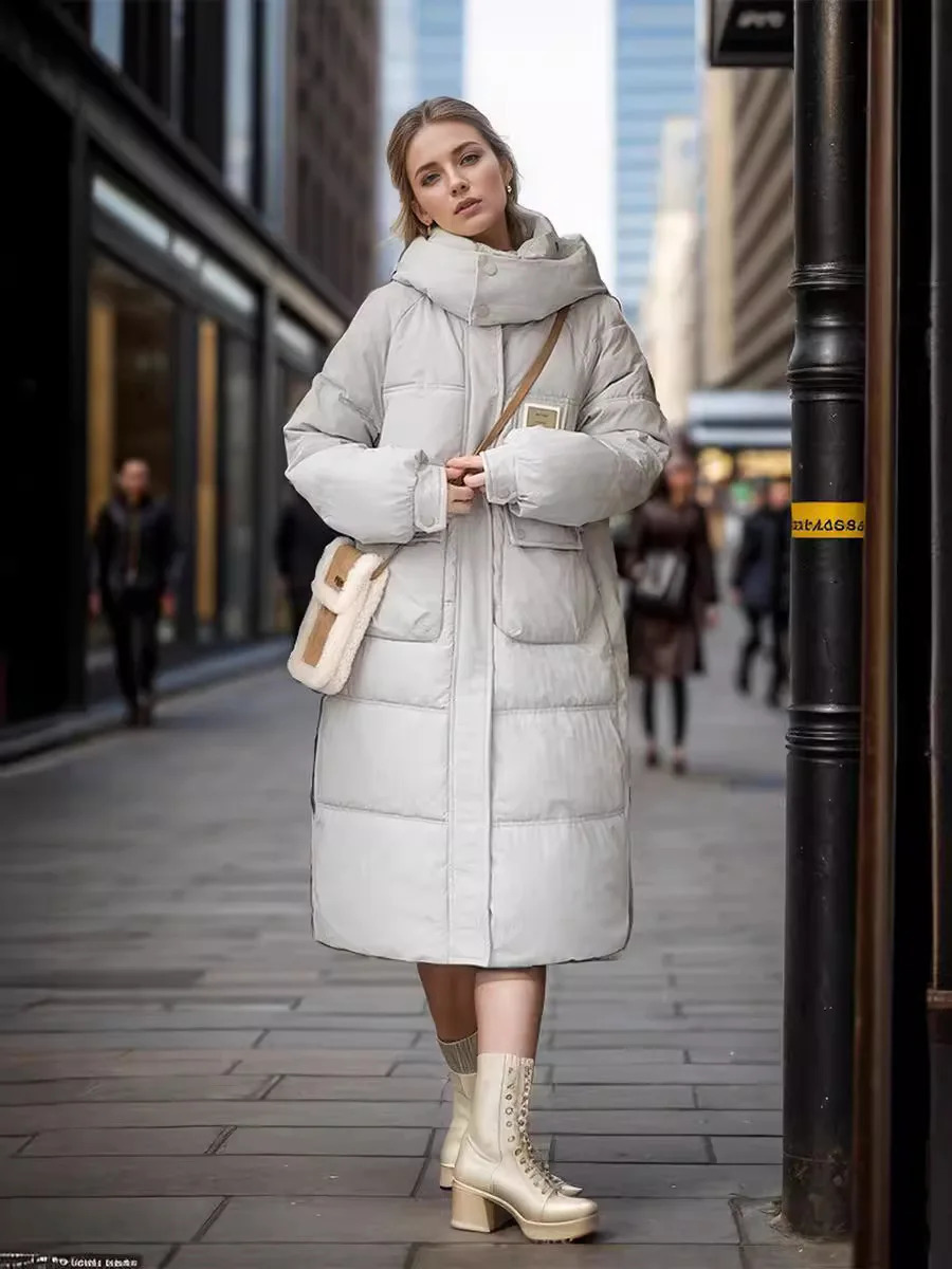 Loose Woman Padded Coat Long Jacket Thicken Warm Hooded Zipper Pockets Warm Snow Wear Oversize 2024 Woman Winter Parka 240729