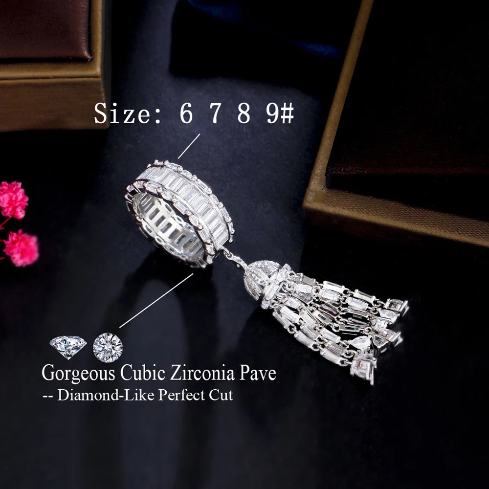 Three layer fashion cubic zirconia long tassel charm elegant engagement ring female bride wedding ball jewelry R225 240723