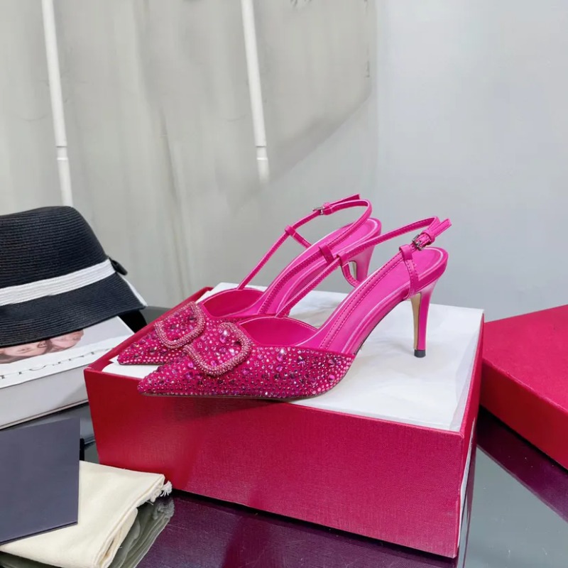 Slingbacks Dress Shoes Rhinestone embellished Women Sandals Designer 8CM High Heel Satin Ankle Strap Buckle Wrap Toe Pointed Party Wedding Shoes factory footwear