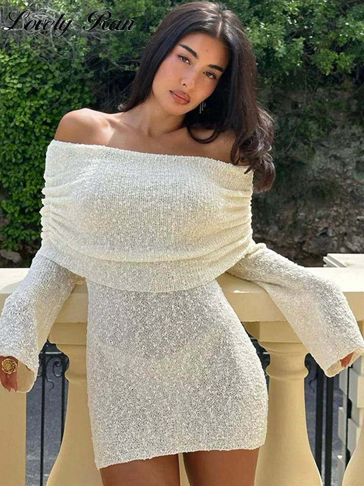 Sexy Off Shoulder Mini Dress Women White See Through Long Sleeve Female Dresses 2024 Summer Fashion Party Club Lady Vestidos 240729