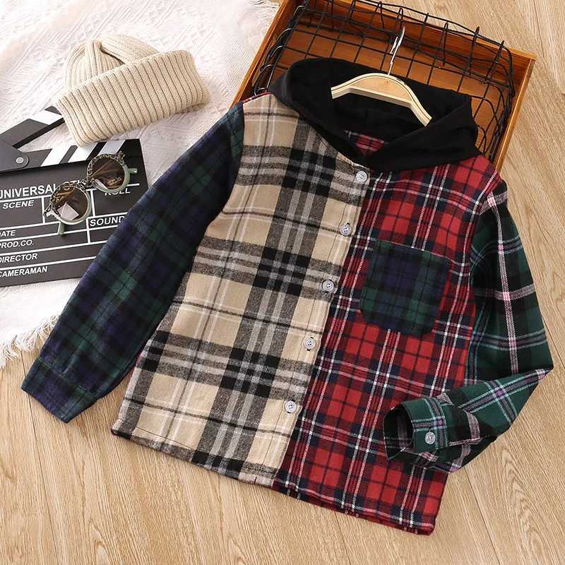 Children aged 5-12 years old multi-color checkered shirt hooded shirt fashionable boys casual shirtW240729