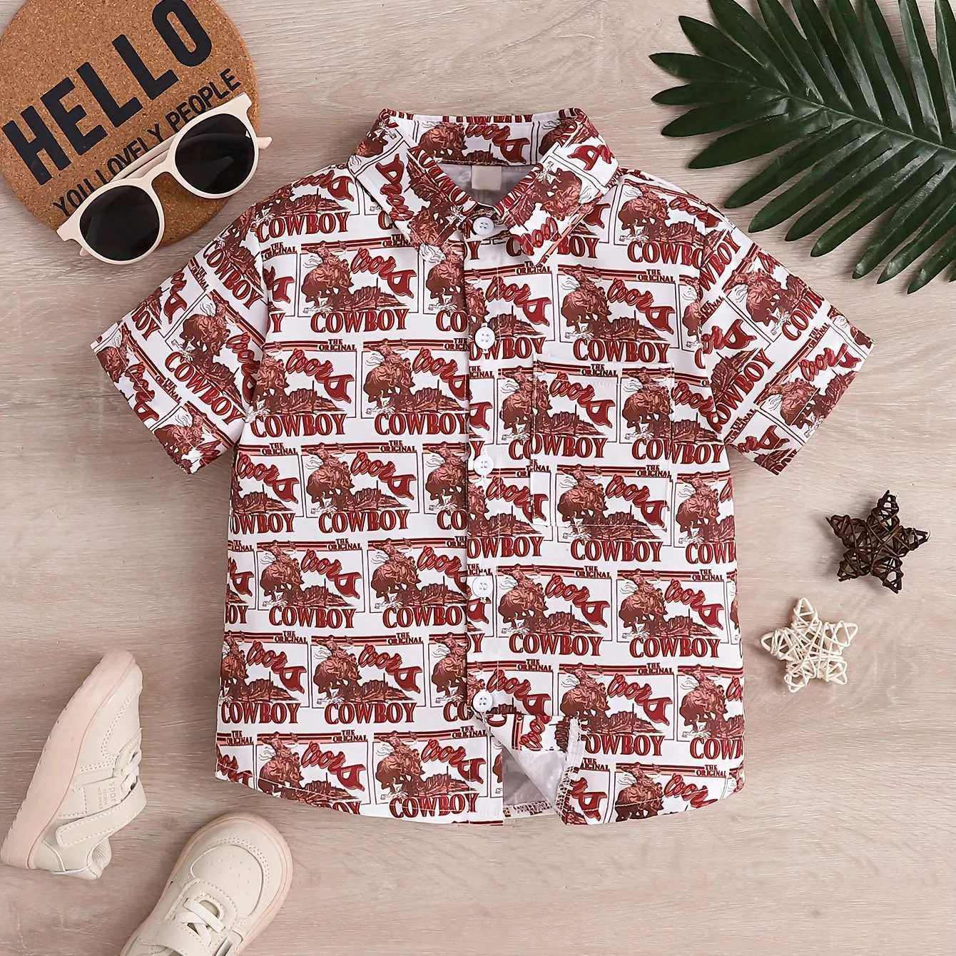 Boy cartoon animal flower pattern cute short sleeved casual comfortable button loose breathable summer holiday collar shirtW240729
