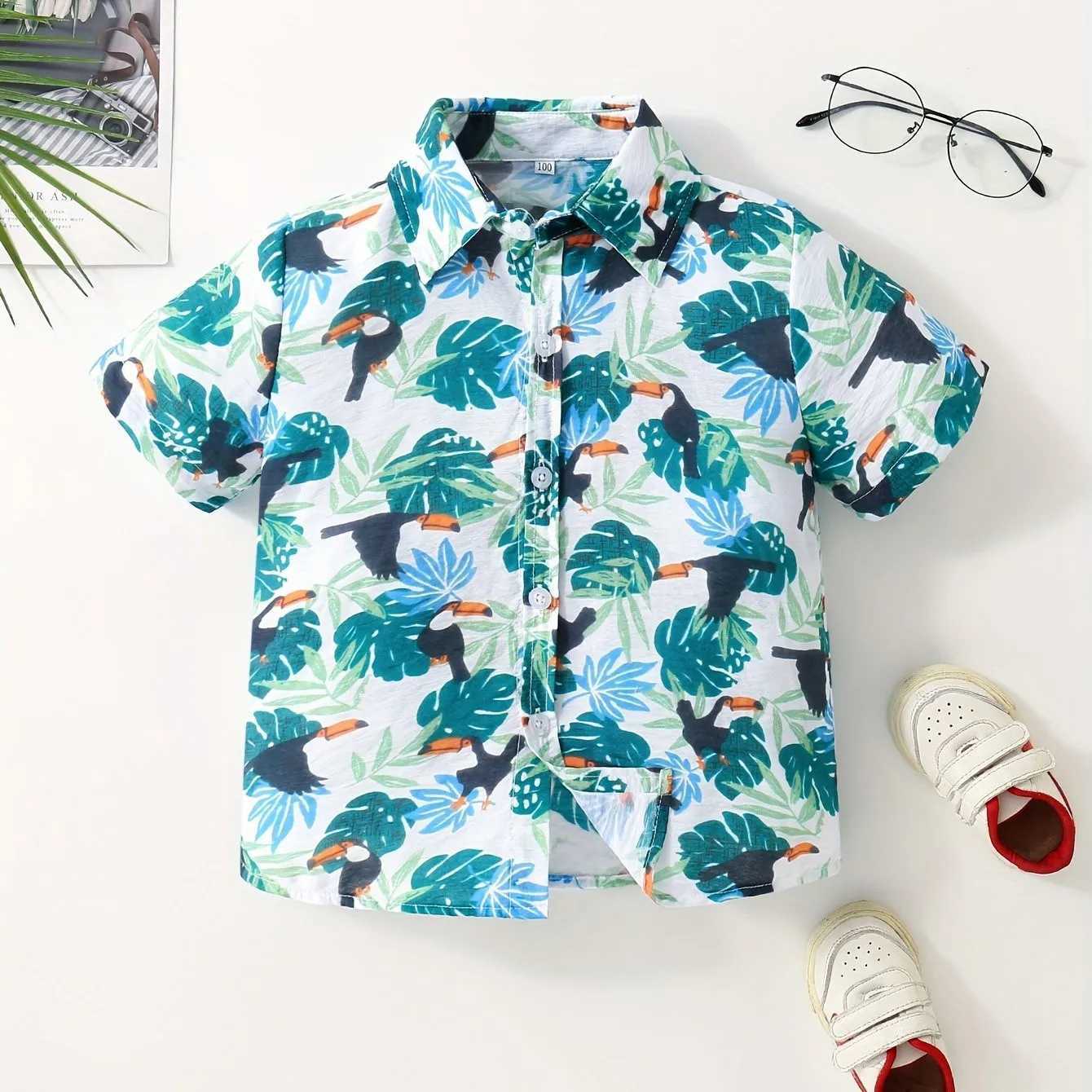 Childrens clothing cartoon pattern cute shirt boys short sleeved casual fashion front button comfortable summer topW240729