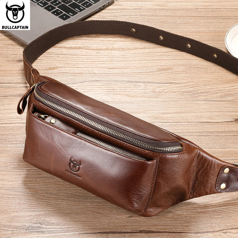 BULLCAPTAIN Cowhide Waist Bag Outdoor Sports Vintage Fanny Pack Crossbody bag shoulder bag chest bag 240729