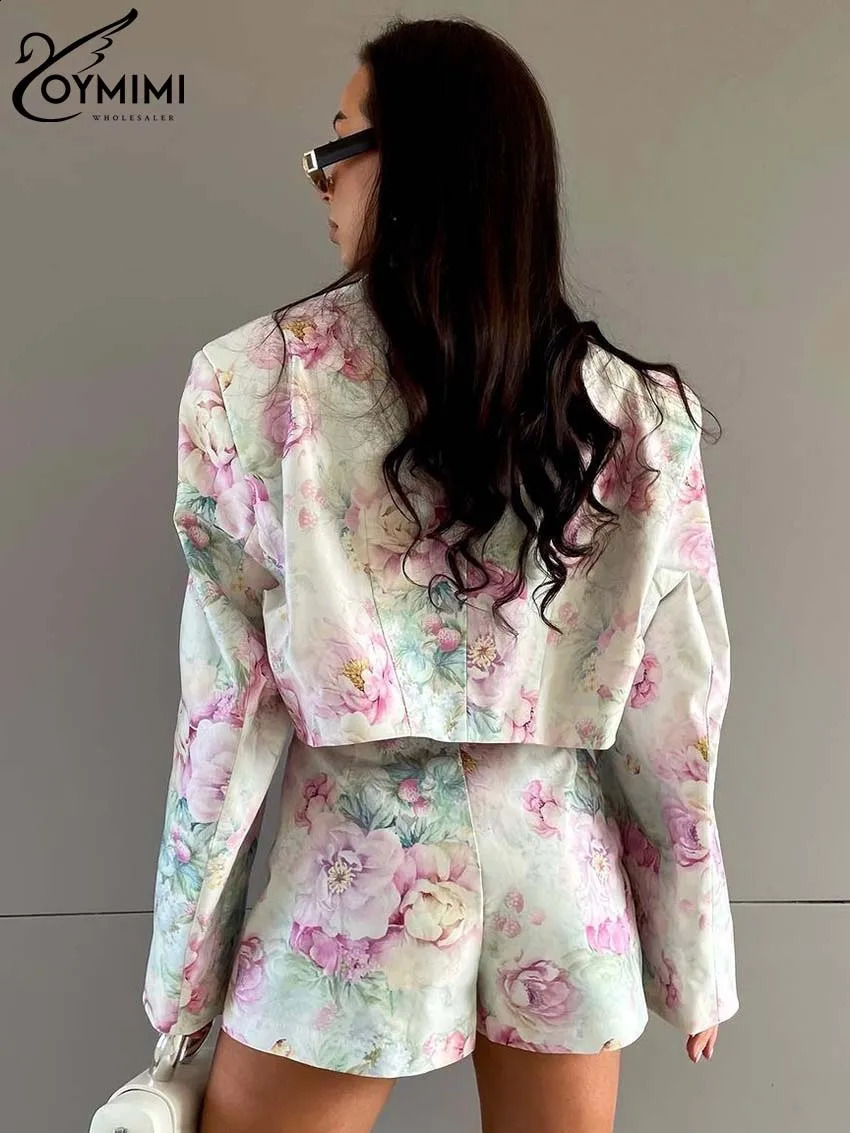 Oymimi Causal Pink Print 2 Piece Sets Women Outfit Elegant Long Sleeve Double Breasted Crop Shirts And Side Slit Mini Skirts Set 240729