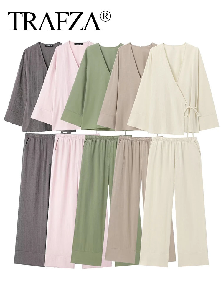 TRAFZA Women Solid Lace Up Textured Shirt Pants Set Long Sleeve Vneck ShirtsLoose High Waist Wide Leg Trousers Outfit traf 240801