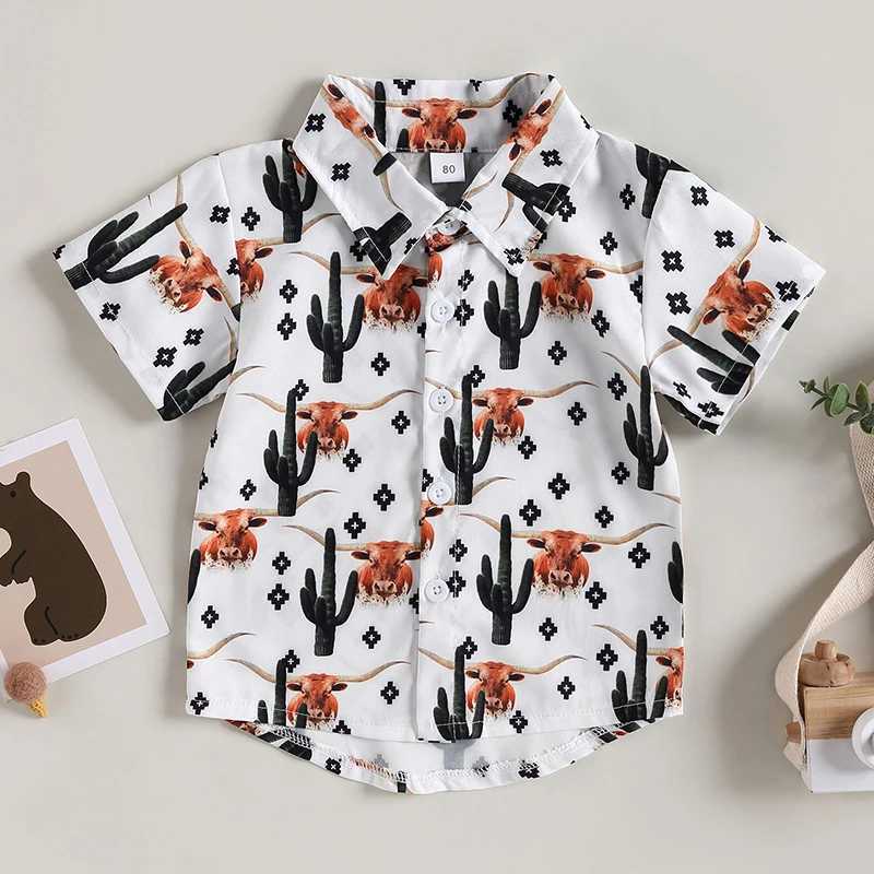 FOCUSNORM 0-4Y Summer Preschool and Childrens Shirt Denim Head Printed Short Sleeve Collar Single Chest Casual TopW240729
