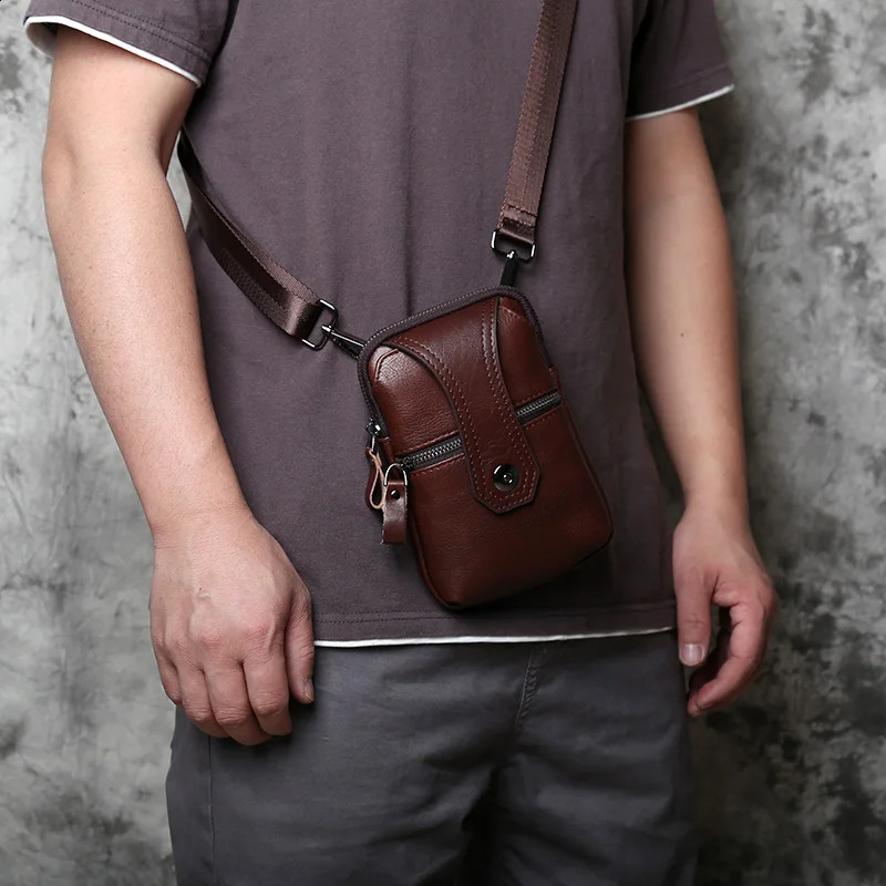 NZPJ Leather Mens Waist Bag Top Layer Cowhide Casual Mobile Phone Bag Wear Belt Vertical Shoulder Messenger Mobile Phone Bag 240729