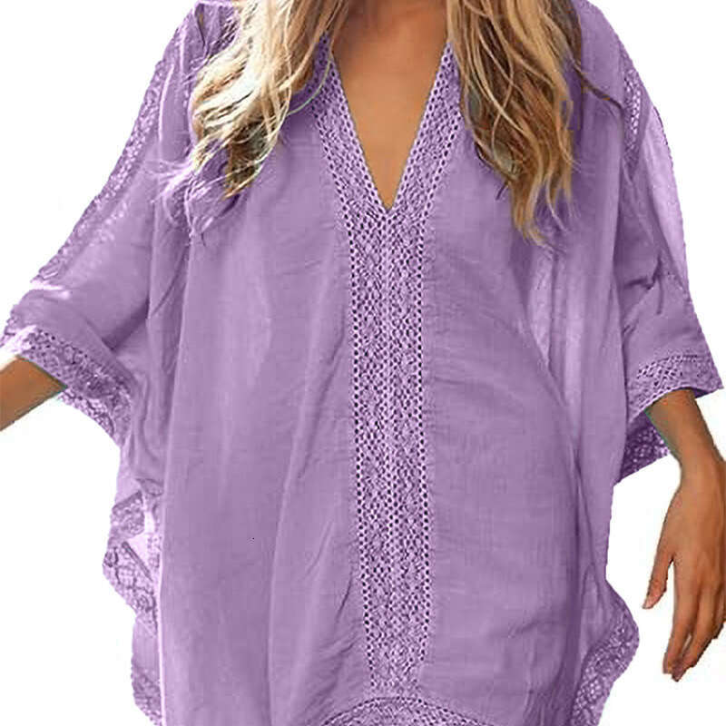 2024 Oversized Loose Fitting Lace Patchwork Sun Protection Sand Suit Tourism Womens Beach Cover Up Long Summer Dress Bifurcated Loose SKINNY DRESS Sil
