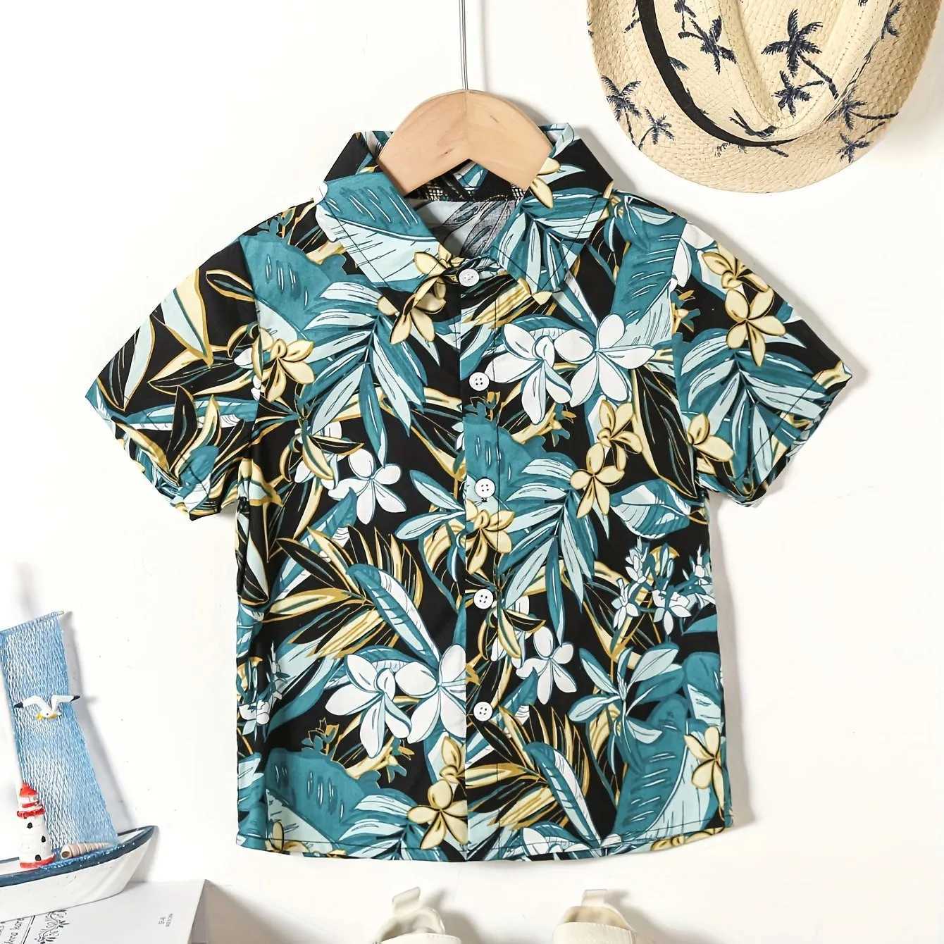 Boys Summer Holiday Party Style Flower and Leaf Full Print Childrens Short Sleeve Collar Shirt Childrens Summer TopW240729