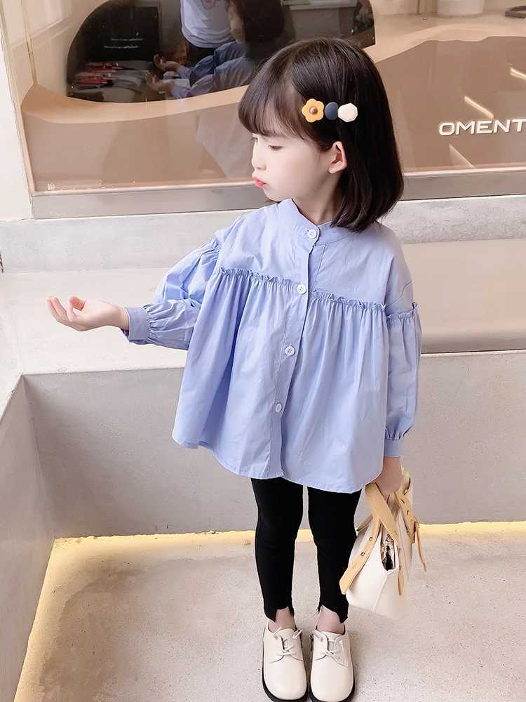 Girls aged 1-7 years old 100% pure cotton shirt spring and summer childrens fashion doll shirt blue childrens loose top daily casual outdoor shirtW240