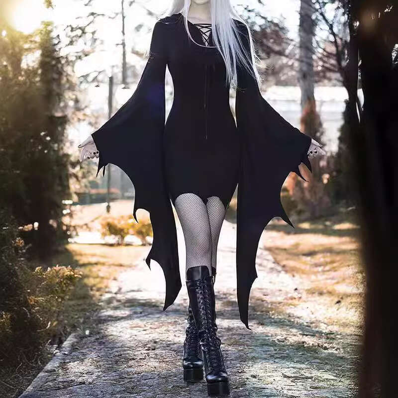 2024 Halloween New Gothic Style Womens Solid Color Irregular Strap Bat Sleeve Dress Long Summer Dress Self-cultivation Sexy Novelty Short Bifurcated L