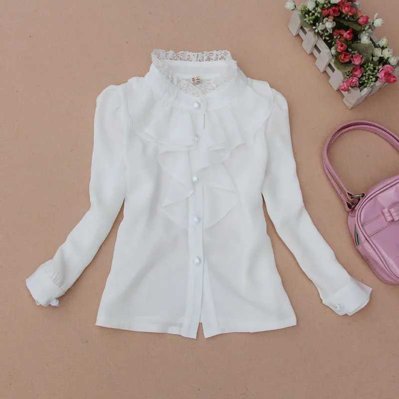 Spring/Autumn 2024 2-16 Y Chiffon Lace Baby Big Girl Shirt White Dress Childrens Long Sleeve School Girl Shirt Childrens Top JW0263W240729