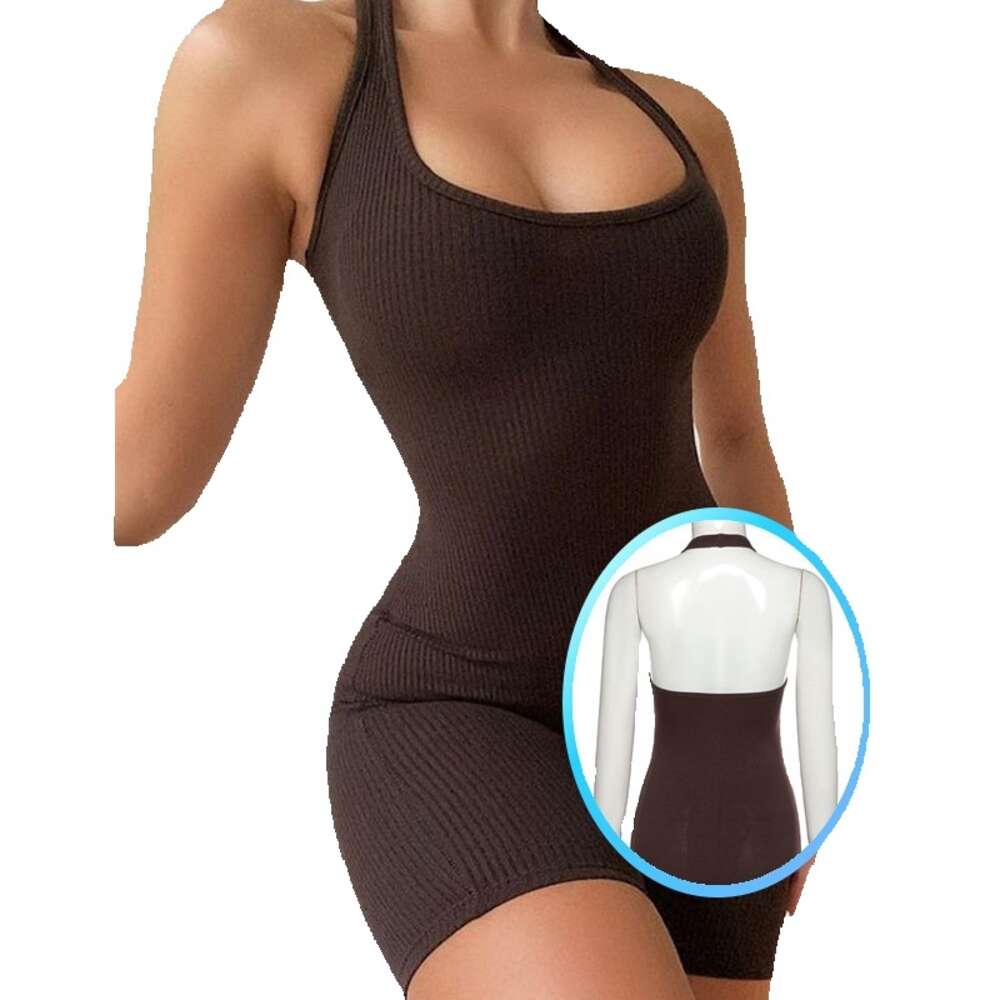 Fashionable Summer Womens Solid Color Neck Hanging Sexy Slim Fit Backless Jumpsuit Yoga Pants Waist Linen Woman Workout Clothe Workout Clothe Woman Lu
