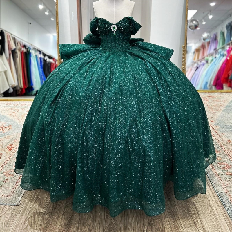 Emerald Green Off Shoulder Sparkly Quinceanera Dresses Ball Gown Crystal Tulle Formal Princess Birthday Party Vestidos De 15 Anos